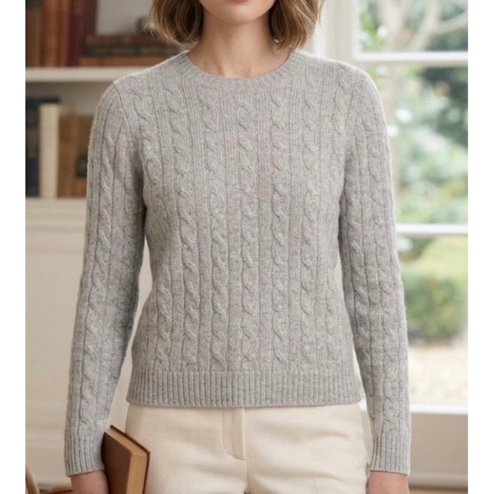 Evelyn Grace Cashmere Sweater Gray Cable Knit Crewneck Size M